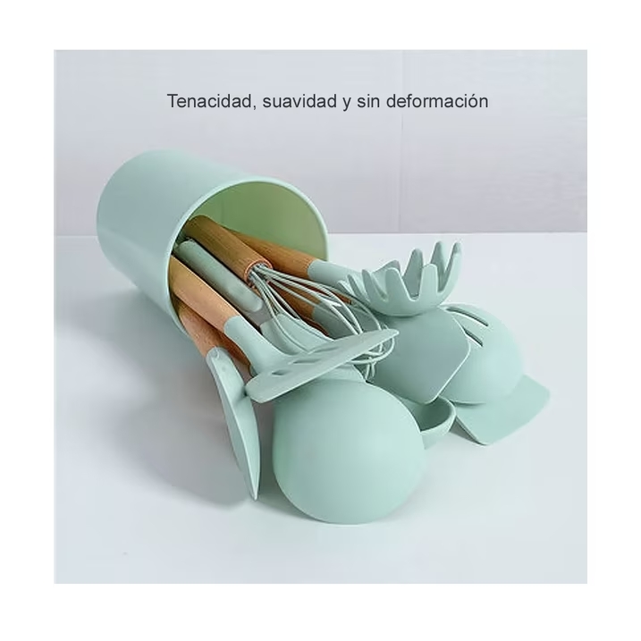 SET UTENSILIOS DE COCINA REPOSTERIA MINI 12 PIEZAS SILICONA Y MADERA VERDE - 8