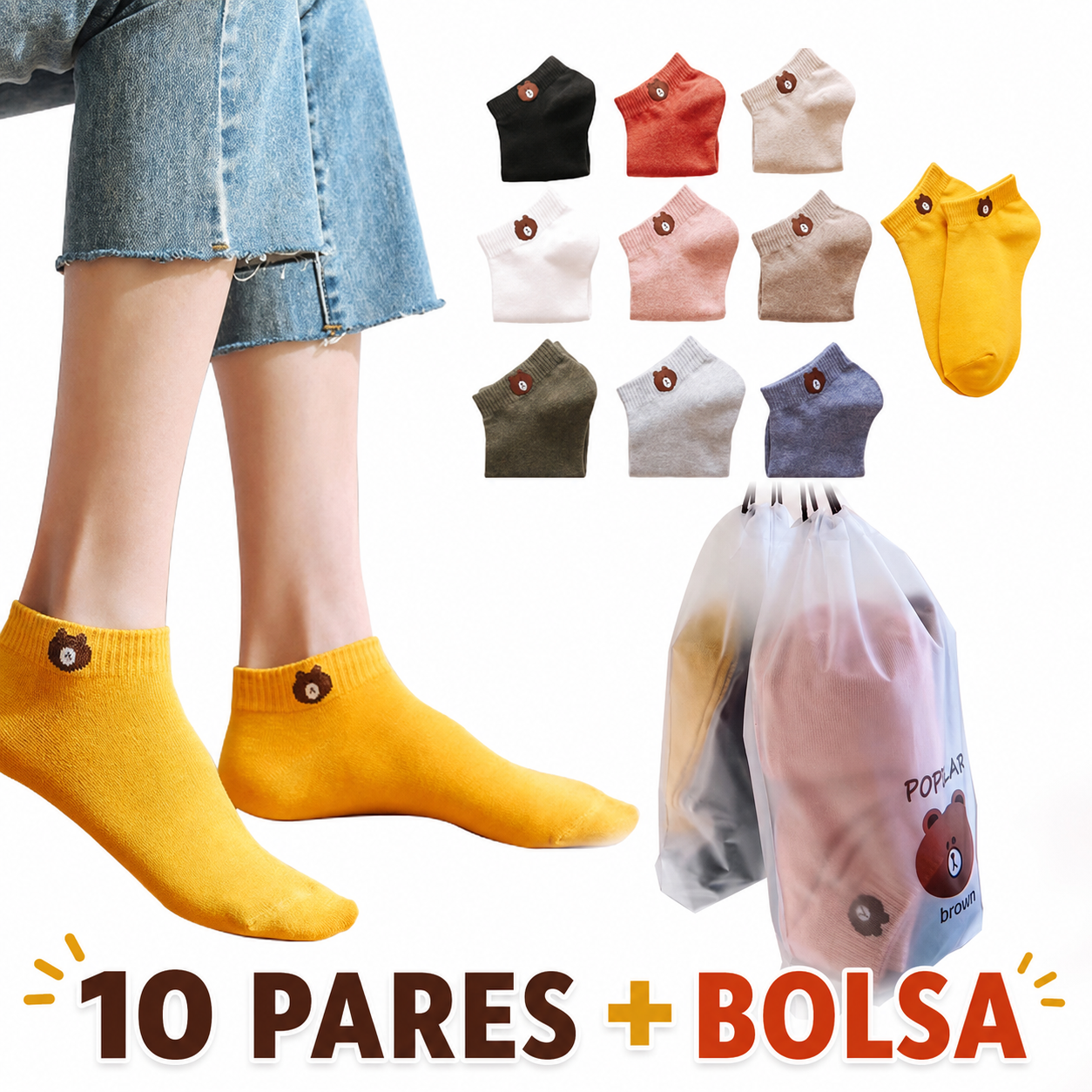 MEDIAS TOBILLERAS MUJER TALLA ÚNICA OSITO MULTICOLOR PACK 10 PARES - 1