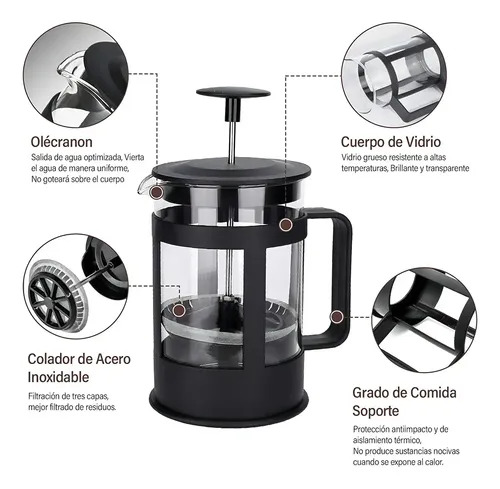 CAFETERA PRENSA FRANCESA CON FILTRO DE ACERO INOXIDABLE PARA CAFÉ 600 ML - 2