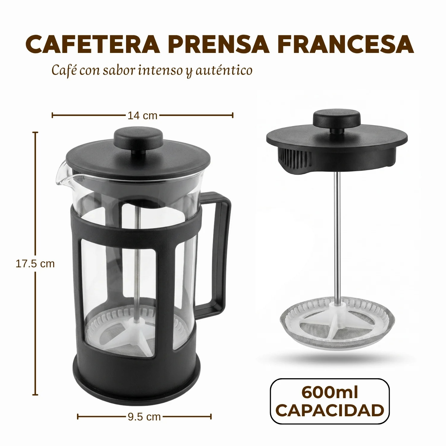 CAFETERA PRENSA FRANCESA CON FILTRO DE ACERO INOXIDABLE PARA CAFÉ 600 ML - 7