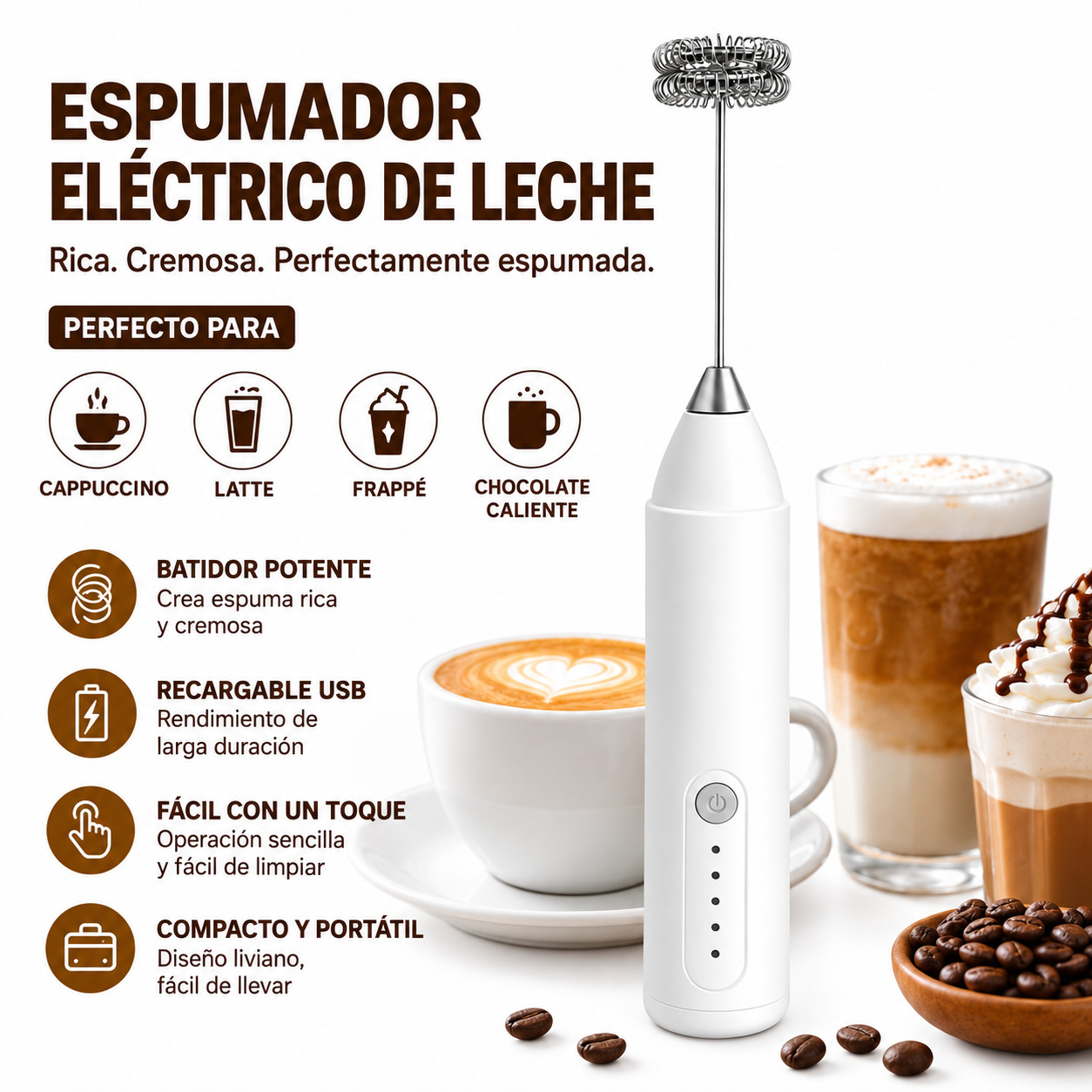 MINI BATIDOR ESPUMADOR DE LECHE CAFE ELÉCTRICO RECARGABLE USB PARA CAFÉ CAPUCHINO LATTE MATCHA - 6