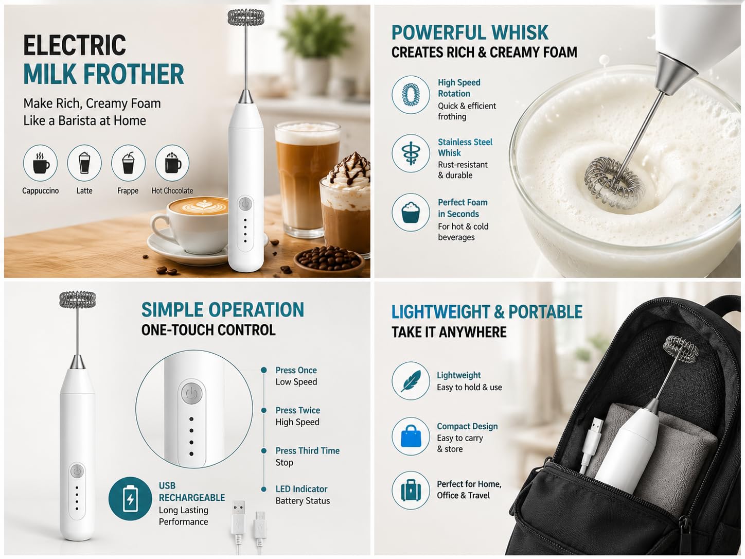 MINI BATIDOR ESPUMADOR DE LECHE CAFE ELÉCTRICO RECARGABLE USB PARA CAFÉ CAPUCHINO LATTE MATCHA - 9