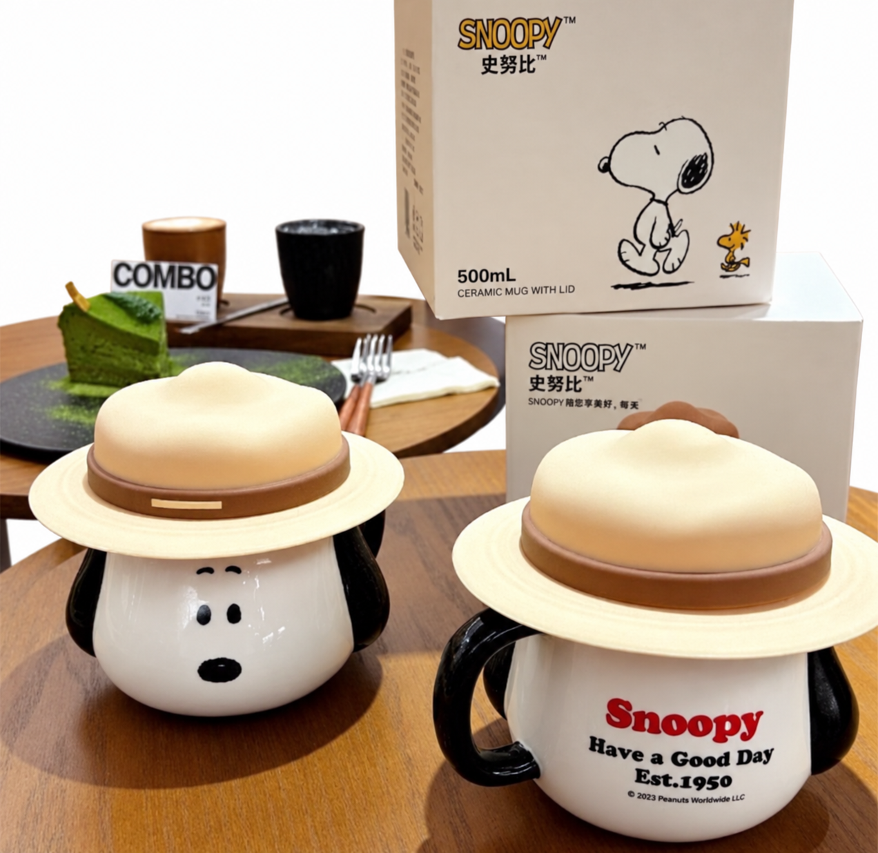 TAZA SNOOPY 500 ML DE CERÁMICA CON TAPA SOMBRERO 3D - 3