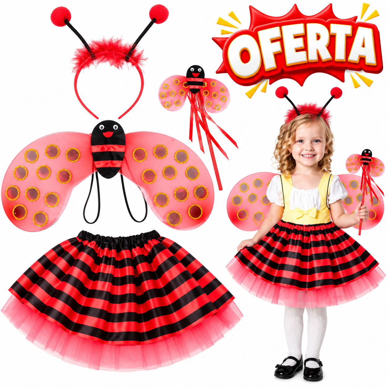DISFRAZ MARIQUITA PARA NIÑA HALLOWEEN CON ALAS FALDA TUTÚ VINCHA Y VARITA - 1