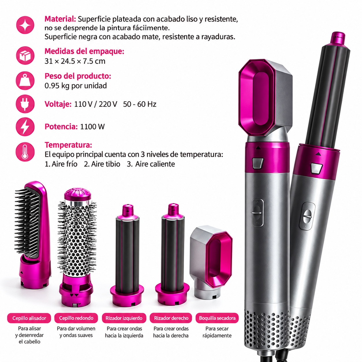 CEPILLO SECADOR DE CABELLO 5 EN 1 MULTIFUNCIONAL RIZADOR ALISADOR - 5