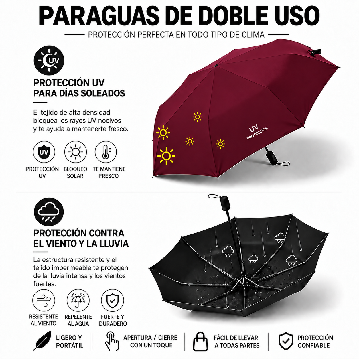 SOMBRILLA PARAGUAS DE MANO PLEGABLE CON PROTECCIÓN SOLAR UV PARA LLUVIA Y SOL GUINDA - 4