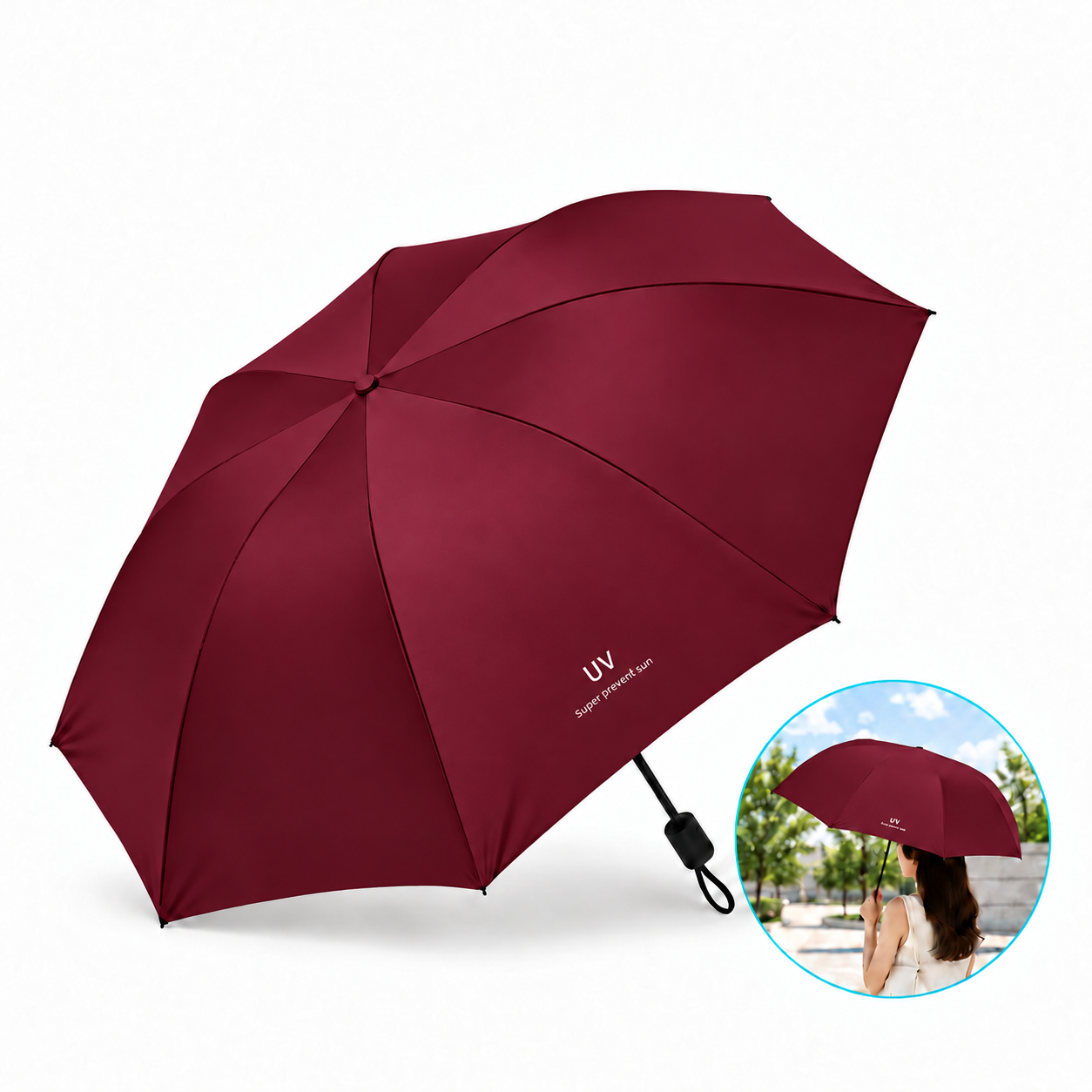 SOMBRILLA PARAGUAS DE MANO PLEGABLE CON PROTECCIÓN SOLAR UV PARA LLUVIA Y SOL GUINDA - 6
