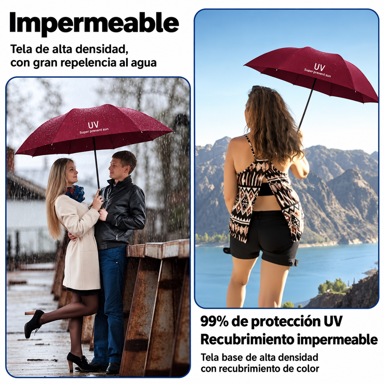 SOMBRILLA PARAGUAS DE MANO PLEGABLE CON PROTECCIÓN SOLAR UV PARA LLUVIA Y SOL GUINDA - 7