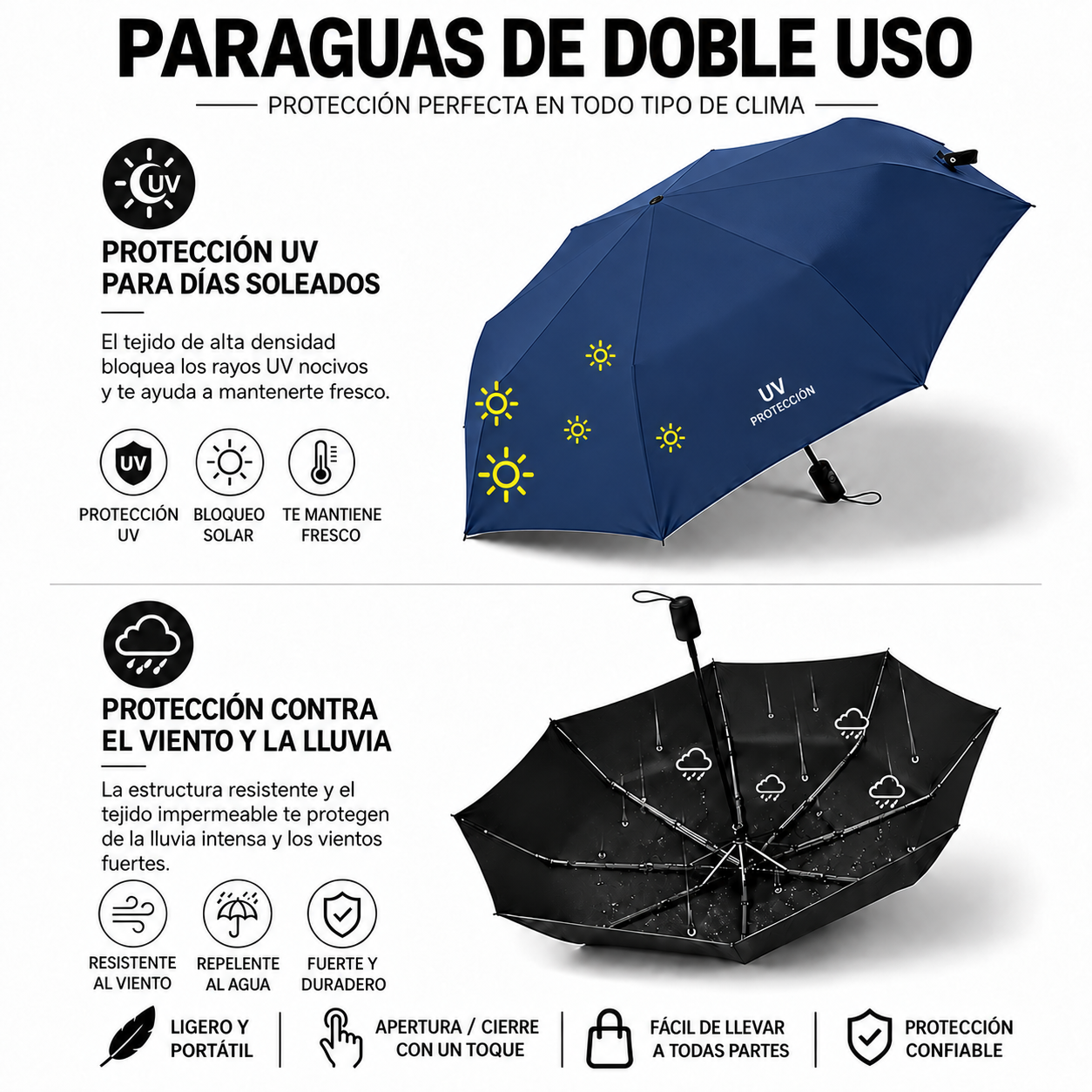 SOMBRILLA PARAGUAS PLEGABLE CON PROTECCIÓN SOLAR UV PARA LLUVIA Y SOL AZUL - 2