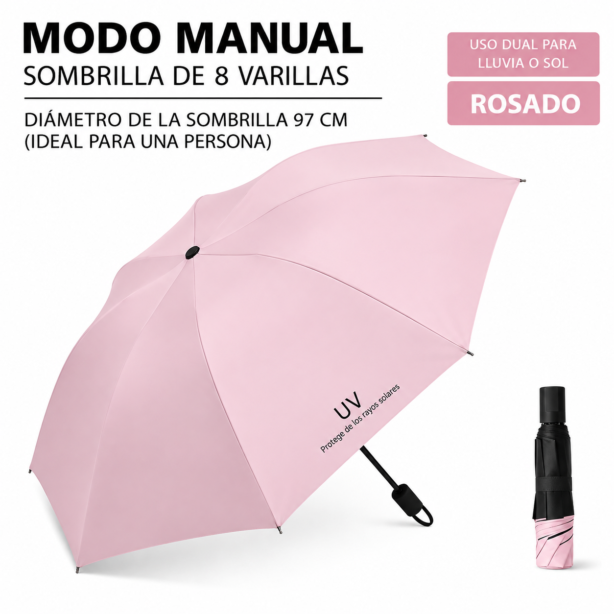 SOMBRILLA PARAGUAS PLEGABLE CON PROTECCIÓN SOLAR UV  PARA LLUVIA Y SOL ROSADO - 2