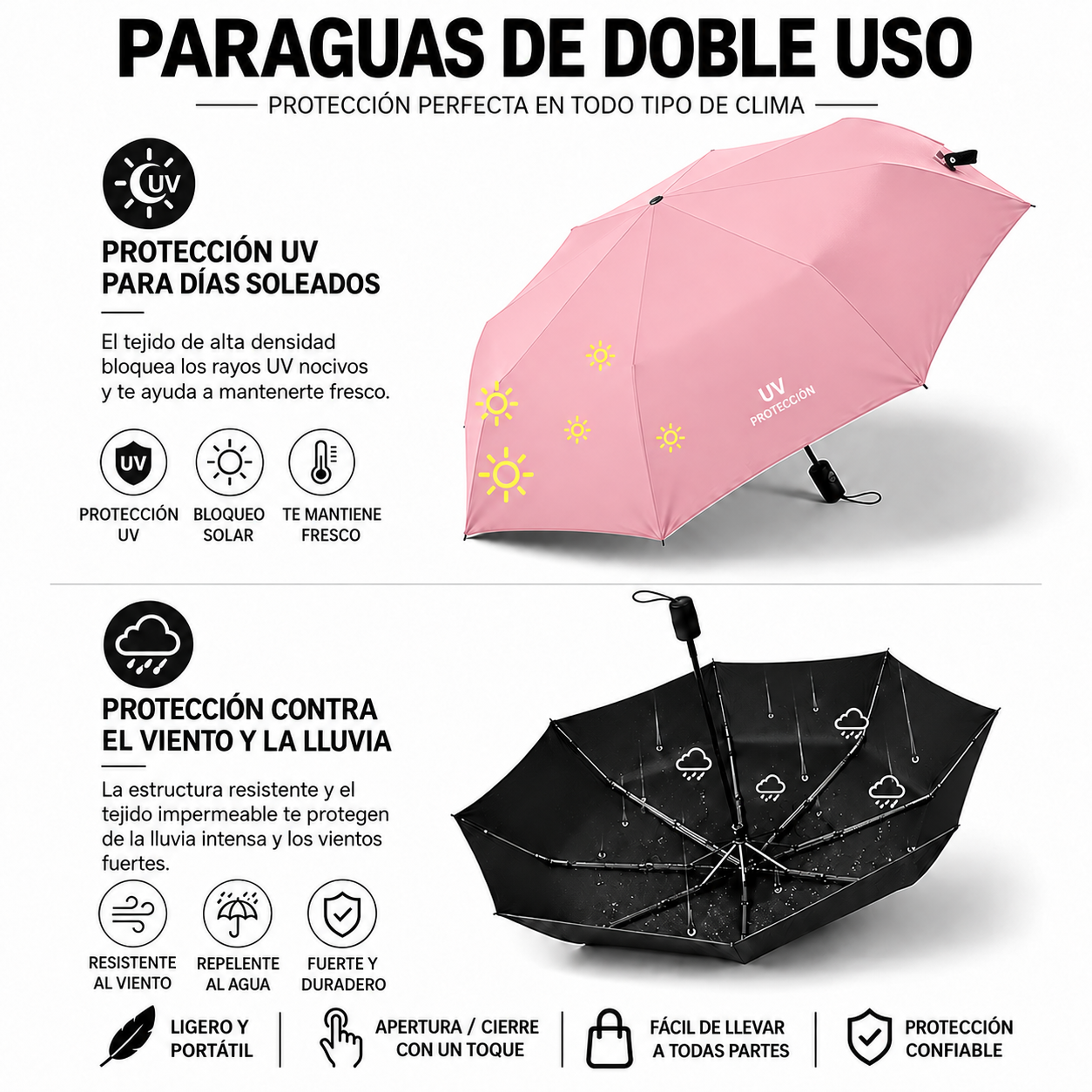 SOMBRILLA PARAGUAS PLEGABLE CON PROTECCIÓN SOLAR UV  PARA LLUVIA Y SOL ROSADO - 4