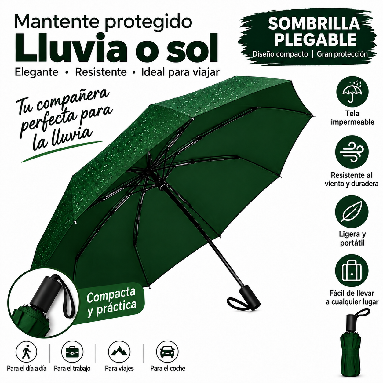 SOMBRILLA PARAGUAS DE MANO PLEGABLE CON PROTECCIÓN SOLAR UV PARA LLUVIA Y SOL VERDE / VERDE OLIVA - 3