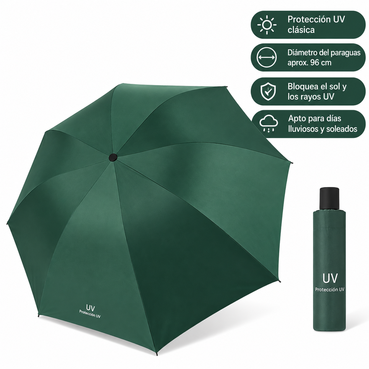 SOMBRILLA PARAGUAS DE MANO PLEGABLE CON PROTECCIÓN SOLAR UV PARA LLUVIA Y SOL VERDE / VERDE OLIVA - 5