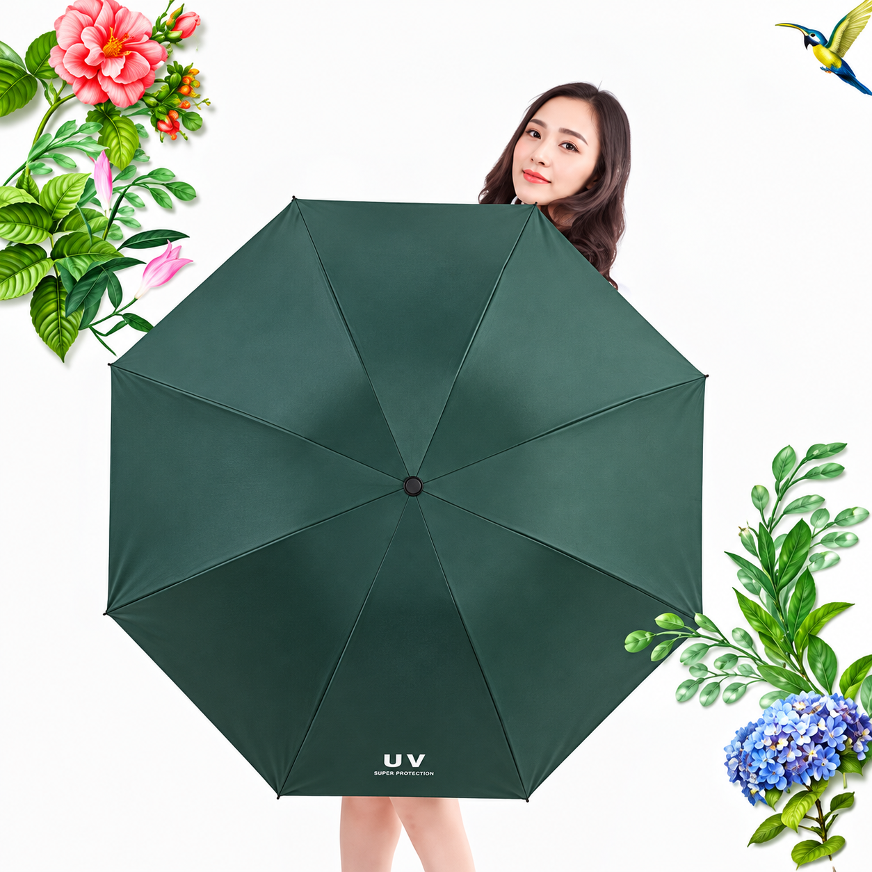 SOMBRILLA PARAGUAS DE MANO PLEGABLE CON PROTECCIÓN SOLAR UV PARA LLUVIA Y SOL VERDE / VERDE OLIVA - 7