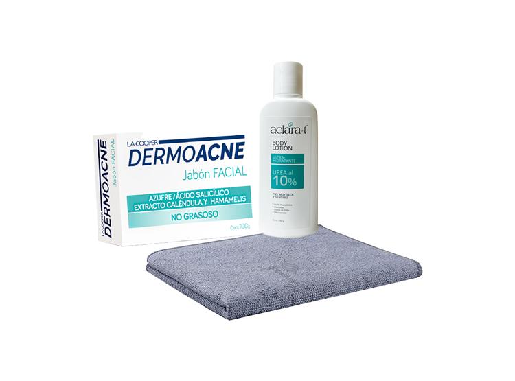 TOALLA NEGRO + JABÓN DERMOACNE 100GR + CREMA HIDRATANTE UREA 10% 450GR - 1