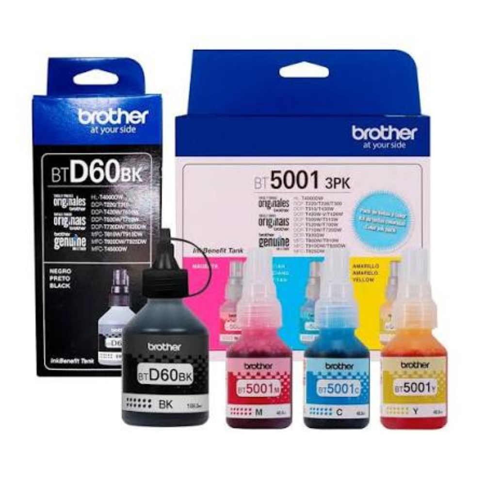 PACK DE TINTAS BROTHER BTD60BK Y BT5001 NEGRO, CIAN, MAGENTA, AMARILLO - 1
