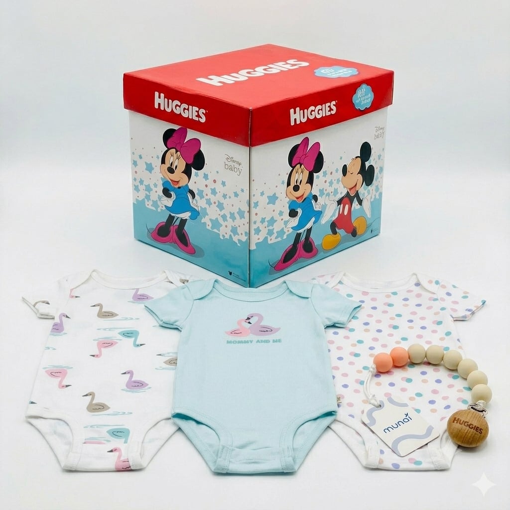 BODY NIÑA HUGGIES PACK X3 ALGODÓN ORGÁNICO DISEÑO CISNE CELESTE 6 MESES + PORTACHUPÓN Y CAJA DISNEY DE REGALO - 1