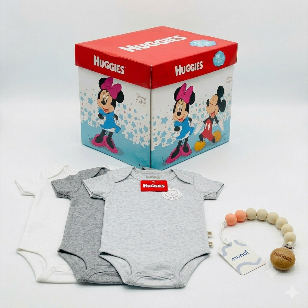 BODY NIÑO HUGGIES PACK X3 ALGODÓN ORGÁNICO GRIS JASPEADO 6 MESES + PORTACHUPÓN Y CAJA DISNEY DE REGALO - 1