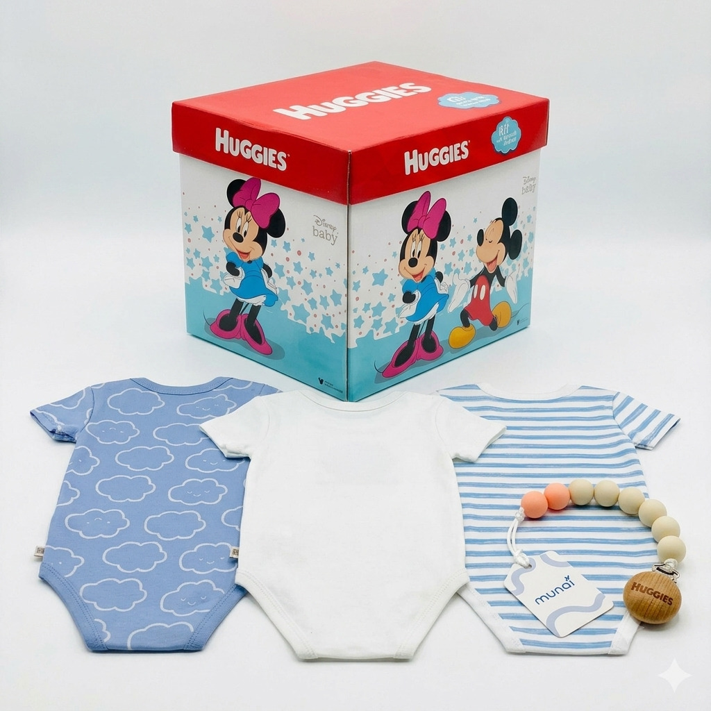 BODY NIÑO HUGGIES PACK X3 ALGODÓN ORGÁNICO DISEÑO NUBES CELESTE 6 MESES + PORTACHUPÓN Y CAJA DISNEY DE REGALO - 1