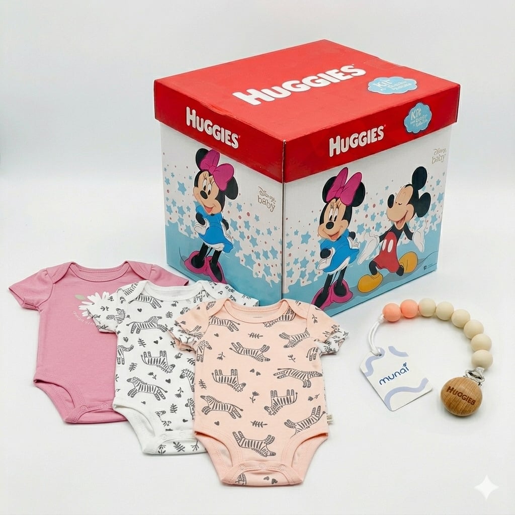 BODY NIÑA HUGGIES PACK X3 ALGODÓN ORGÁNICO ZEBRA ROSADA 6 MESES + PORTACHUPÓN Y CAJA DISNEY DE REGALO - 1