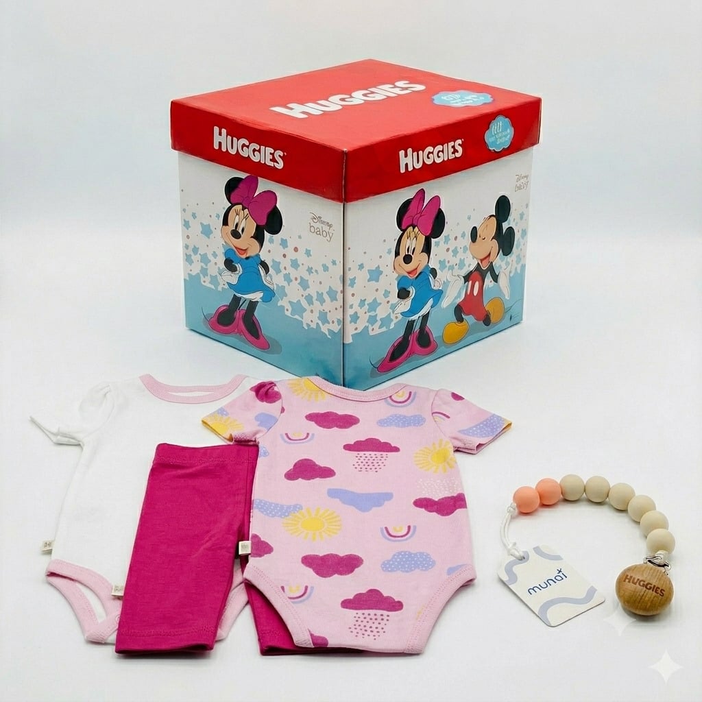 CJTO NIÑA HUGGIES BODY + PANTALÓN ALGODÓN ORGÁNICO DISEÑO NUBES ROSADO TALLA 6 MESES + PORTACHUPÓN Y CAJA DISNEY DE REGALO - 1