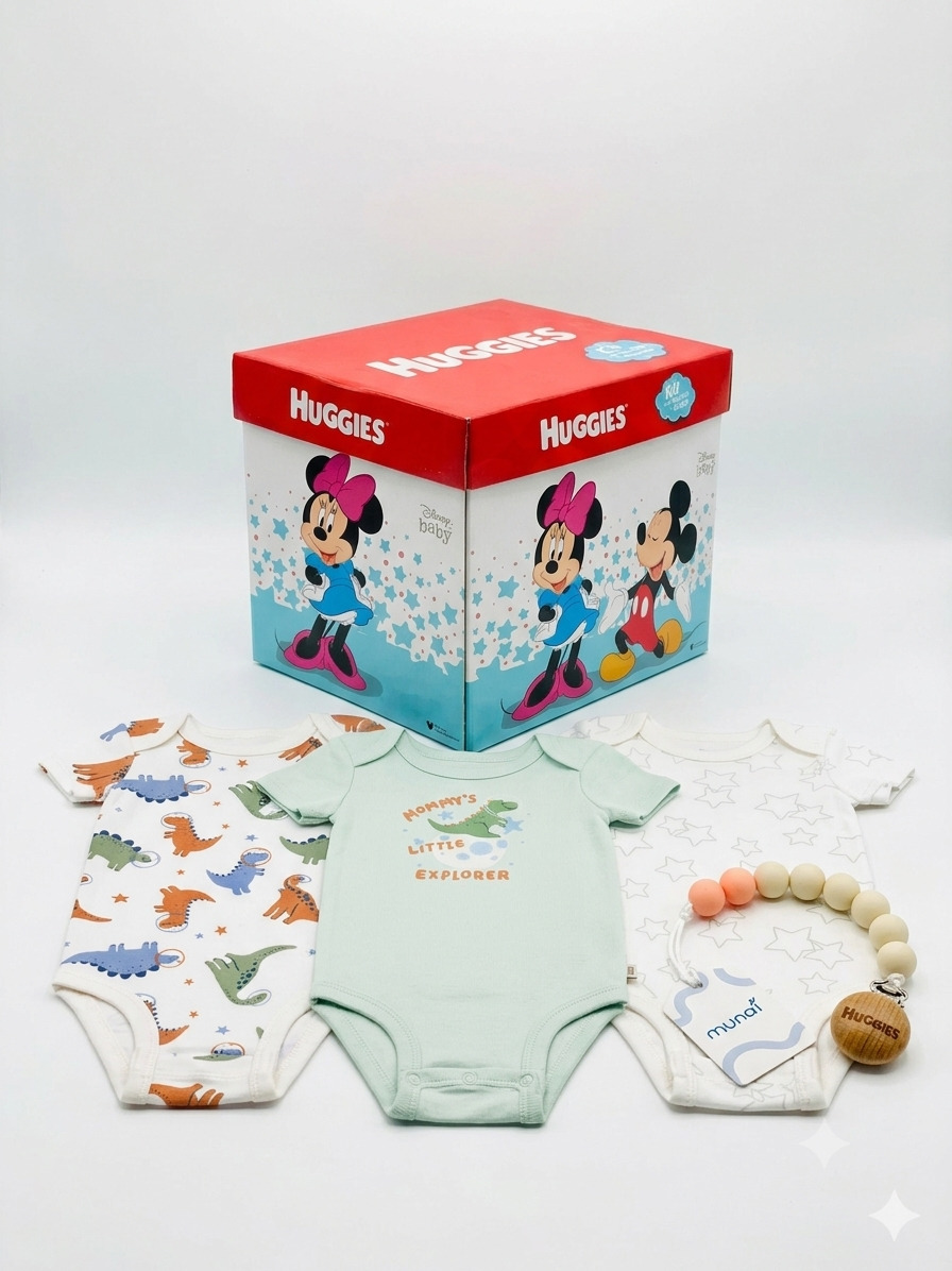 BODY NIÑO HUGGIES PACK X3 ALGODÓN ORGÁNICO VERDE DISEÑO JURÁSICO 6 MESES + PORTACHUPÓN Y CAJA DISNEY DE REGALO - 1