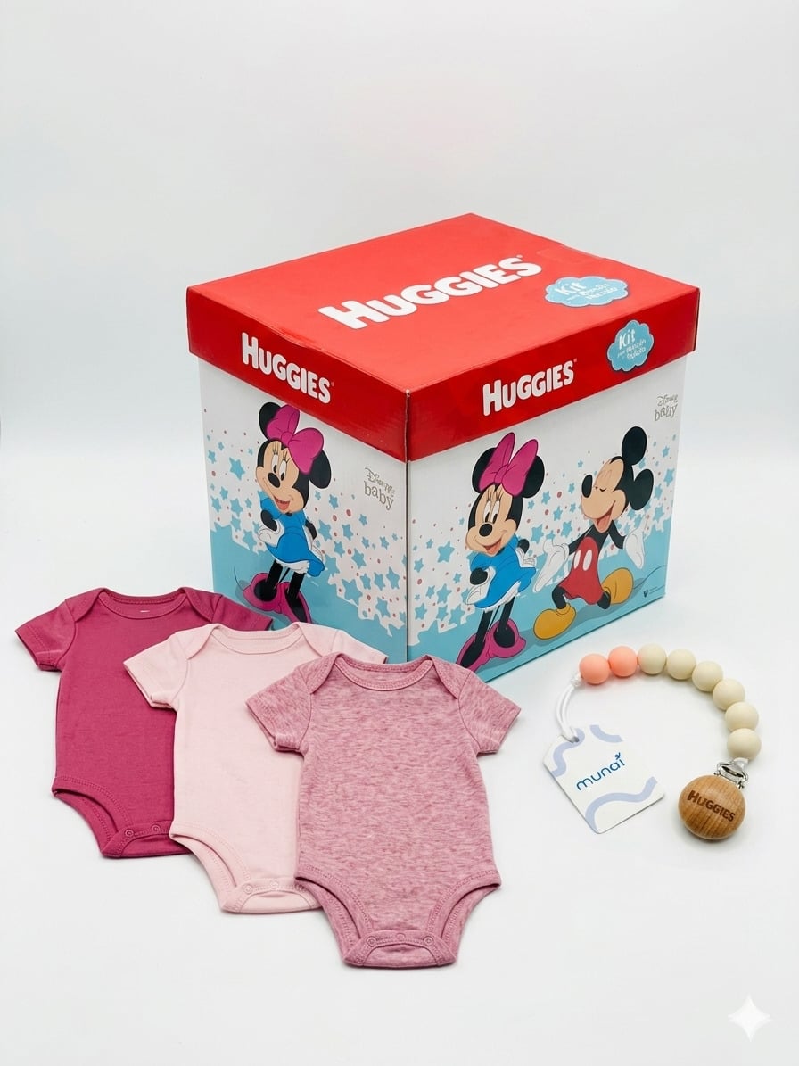 BODY NIÑA HUGGIES PACK X3 ALGODÓN ORGÁNICO CORAL 6 MESES + PORTACHUPÓN Y CAJA DISNEY DE REGALO - 1