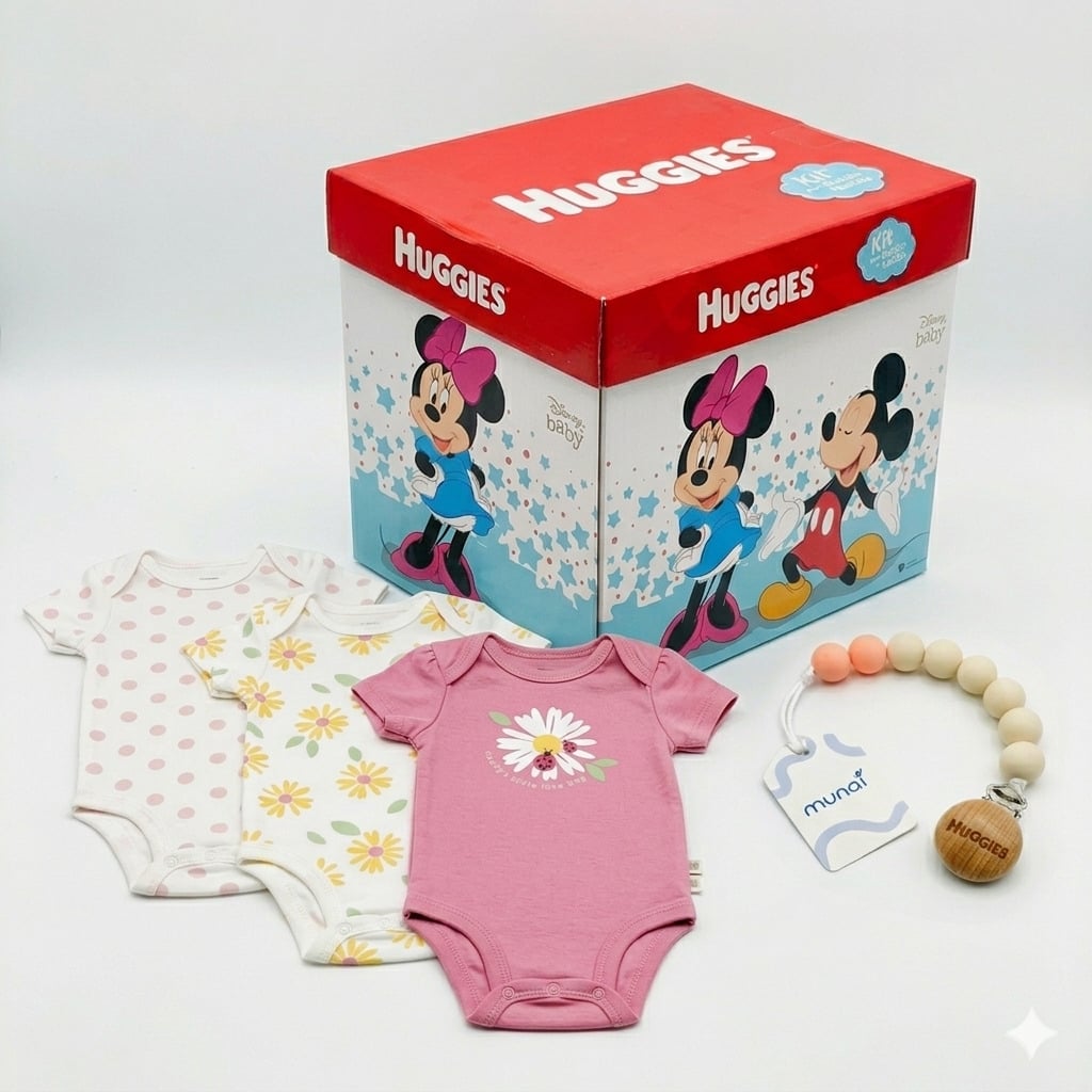 BODY NIÑA HUGGIES PACK X3 ALGODÓN ORGÁNICO ROSADO FLOREADO 6 MESES + PORTACHUPÓN Y CAJA DISNEY DE REGALO - 1