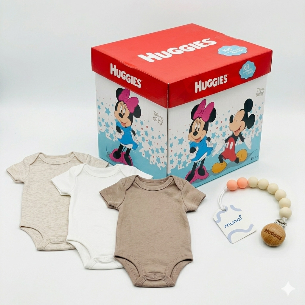 BODY NIÑO HUGGIES PACK X3 ALGODÓN ORGÁNICO COLOR AVENA BREZO 6 MESES + PORTACHUPÓN Y CAJA DISNEY DE REGALO - 1