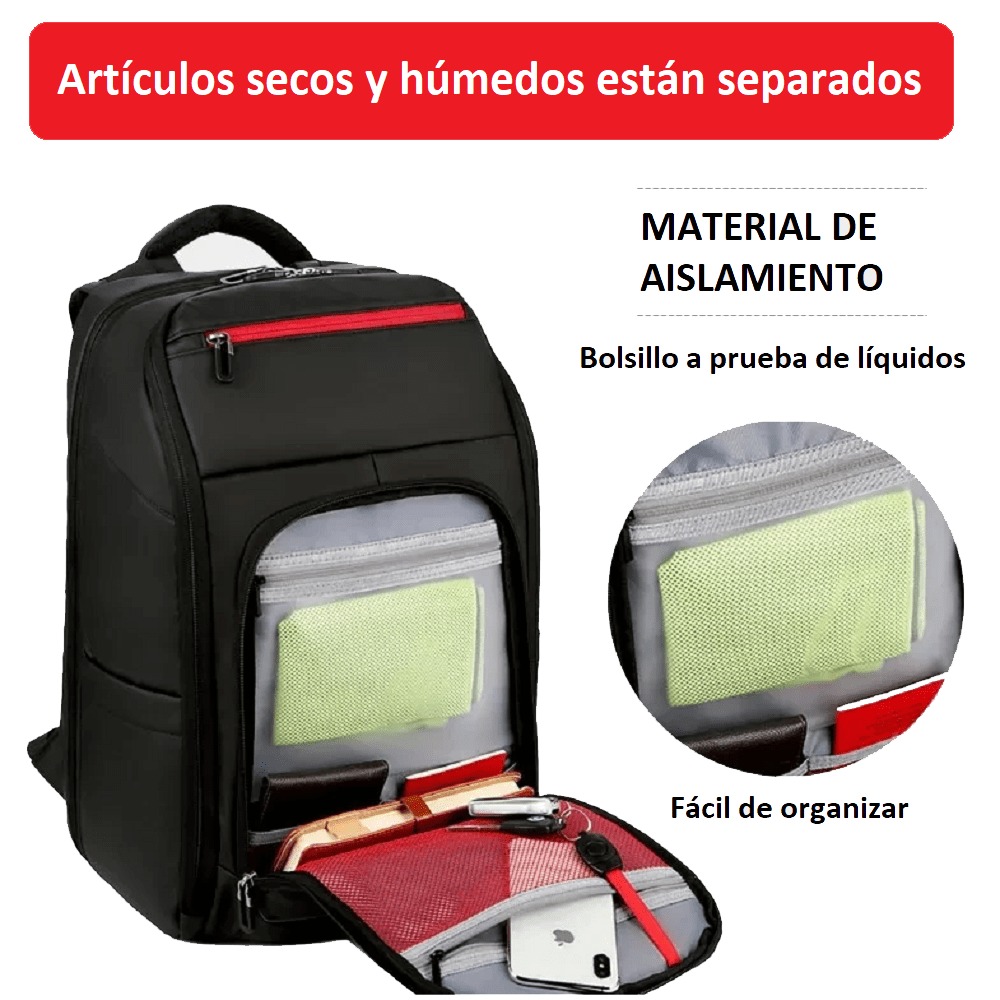 MOCHILA PWST8005 NEGRO CON BOLSILLO ANTI DERRAME PORTALAPTOP 15.6 USB TSA APERTURA 180 GRADOS 30L - 3