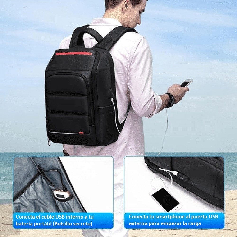 MOCHILA PWST8005 NEGRO CON BOLSILLO ANTI DERRAME PORTALAPTOP 15.6 USB TSA APERTURA 180 GRADOS 30L - 4