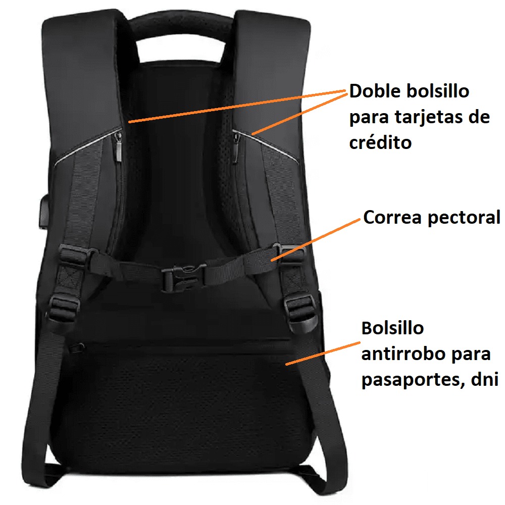 MOCHILA PWST8005 NEGRO CON BOLSILLO ANTI DERRAME PORTALAPTOP 15.6 USB TSA APERTURA 180 GRADOS 30L - 5