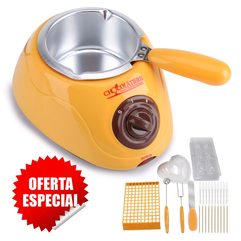 KIT CHOCOLATERA ELECTRICA MOSTAZA + 7 ACETATOS + UTENSILIOS - 1