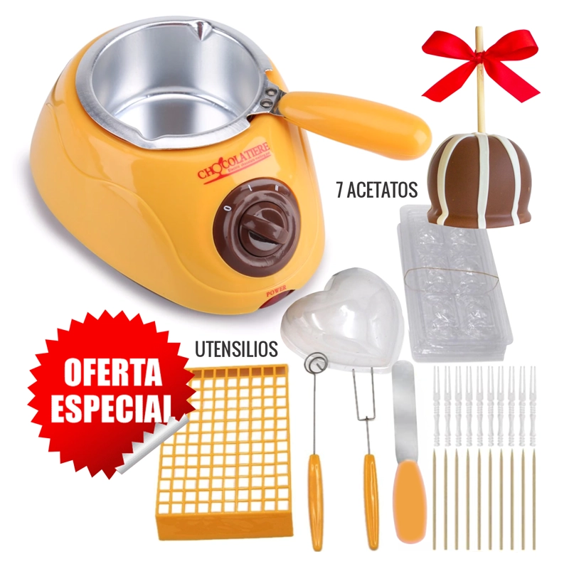 KIT CHOCOLATERA ELECTRICA MOSTAZA + 7 ACETATOS + UTENSILIOS - 2