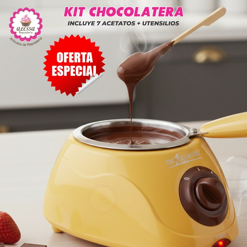 KIT CHOCOLATERA ELECTRICA MOSTAZA + 7 ACETATOS + UTENSILIOS - 3