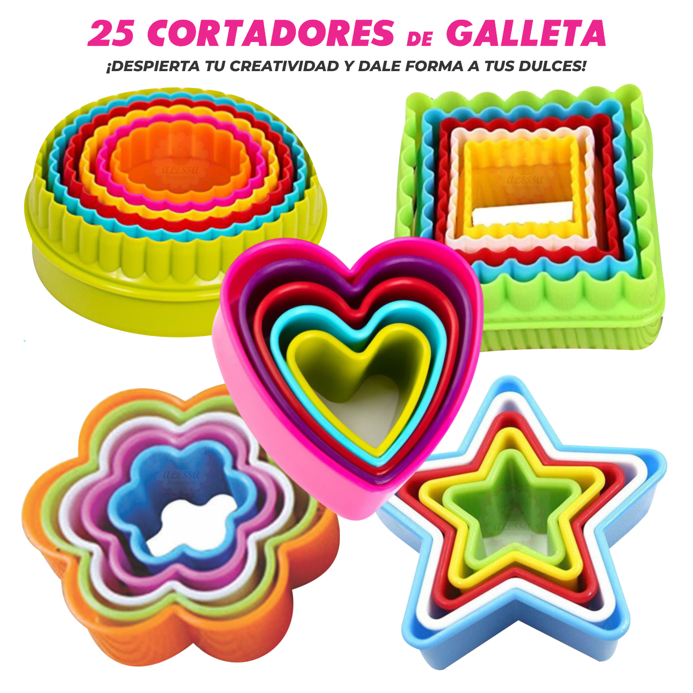 SET DE 25 CORTADORES DE GALLETA O FONDANT CON 5 FORMAS PARA REPOSTERIA - 1