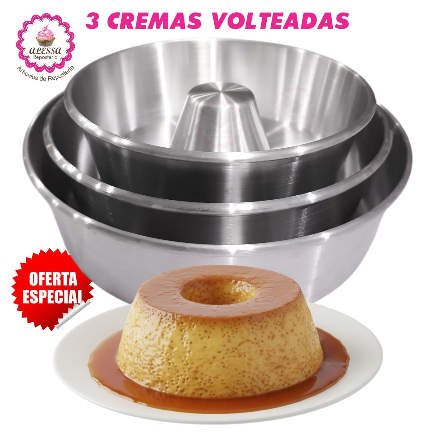 SET PREMIUM DE 3 MOLDES DE CREMA VOLTEADA 22, 25 Y 28 PARA REPOSTERIA - 1