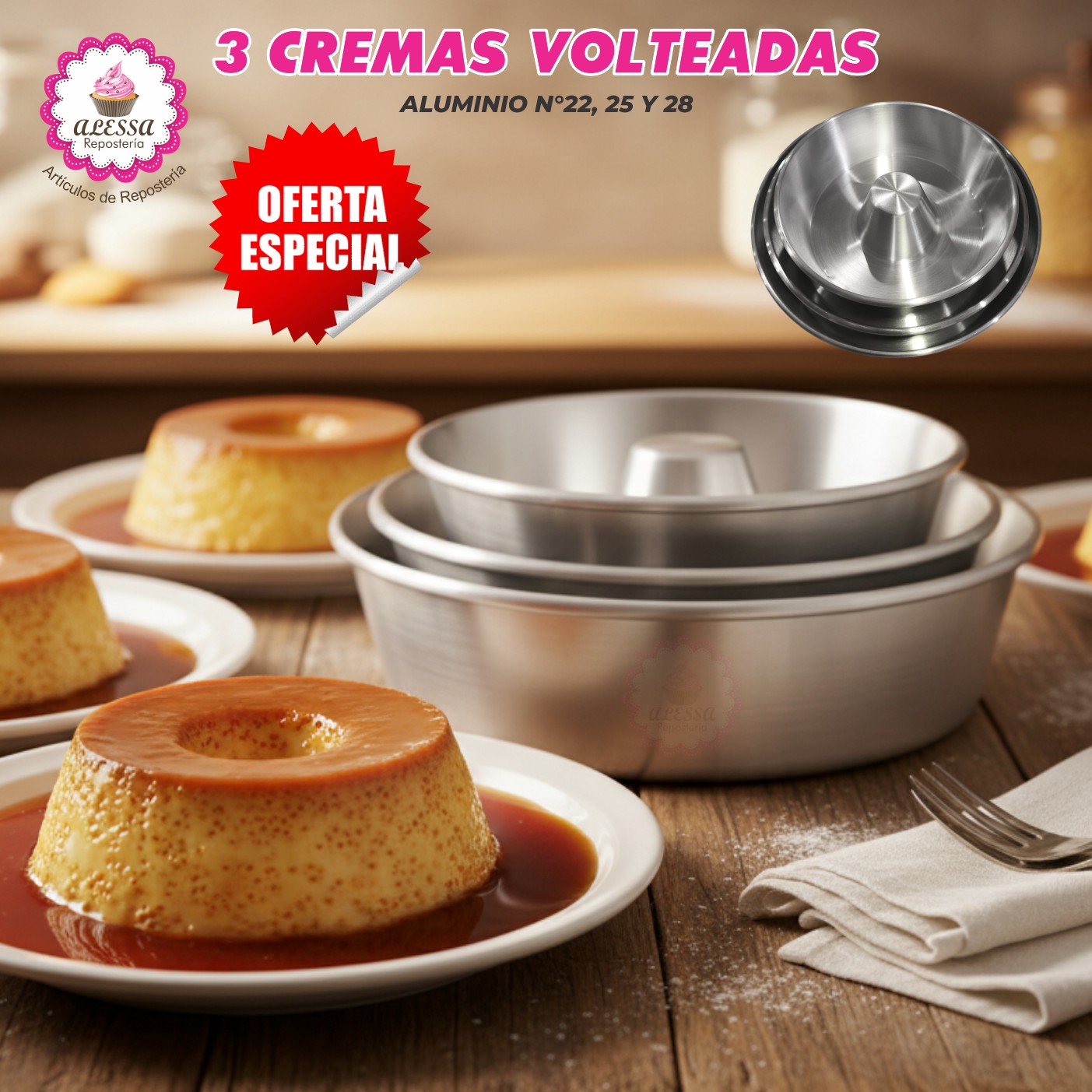 SET PREMIUM DE 3 MOLDES DE CREMA VOLTEADA 22, 25 Y 28 PARA REPOSTERIA - 2