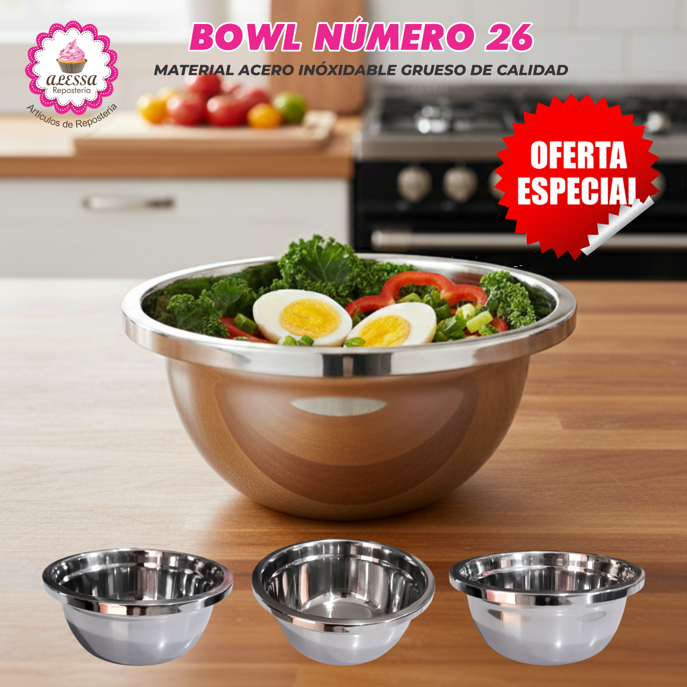 BOWL PREMIUM NUMERO 26 DE ACERO INOXIDABLE GRUESO - 2