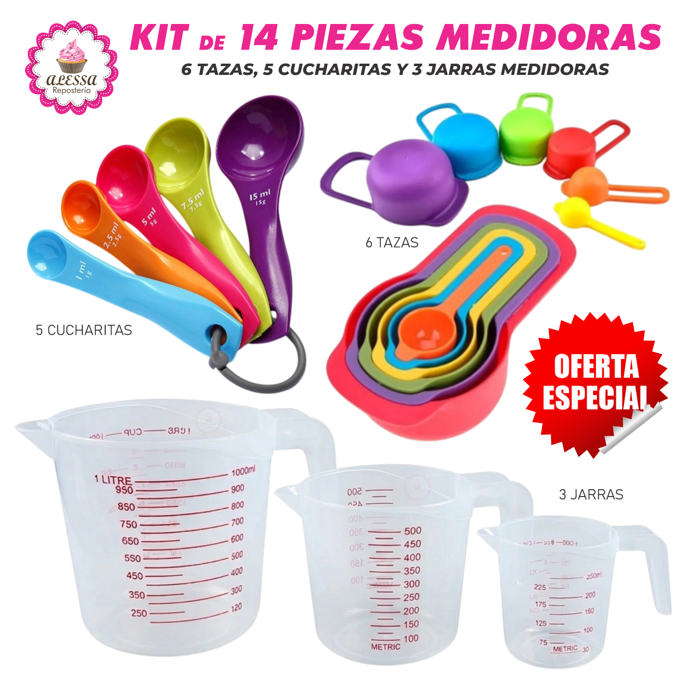 KIT DE 14 PIEZAS MEDIDORAS PARA REPOSTERIA 6 TAZAS, 5 CUCHARITAS Y 3 JARRAS - 1