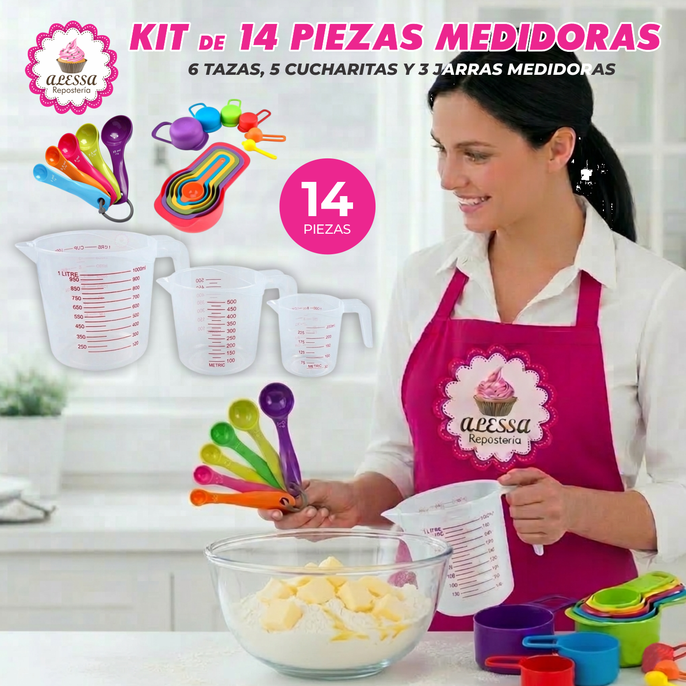 KIT DE 14 PIEZAS MEDIDORAS PARA REPOSTERIA 6 TAZAS, 5 CUCHARITAS Y 3 JARRAS - 3