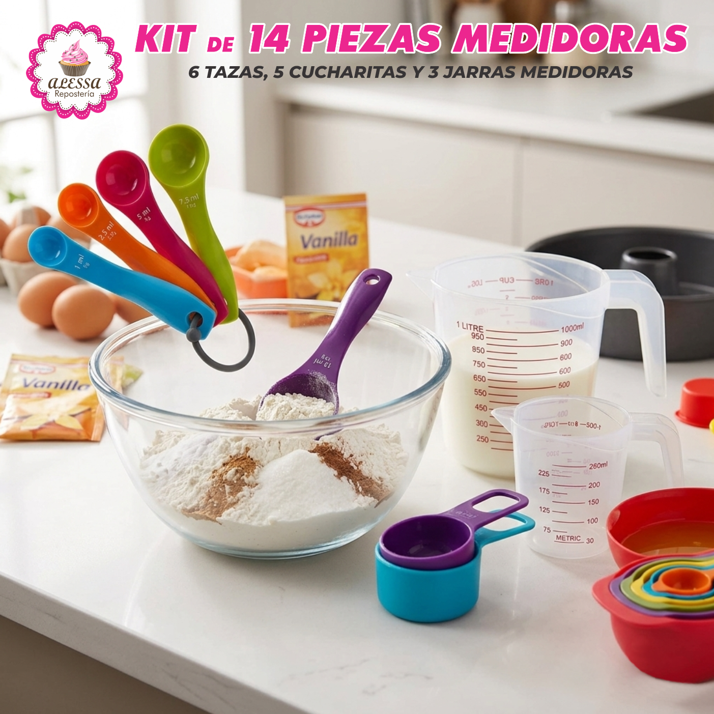 KIT DE 14 PIEZAS MEDIDORAS PARA REPOSTERIA 6 TAZAS, 5 CUCHARITAS Y 3 JARRAS - 4