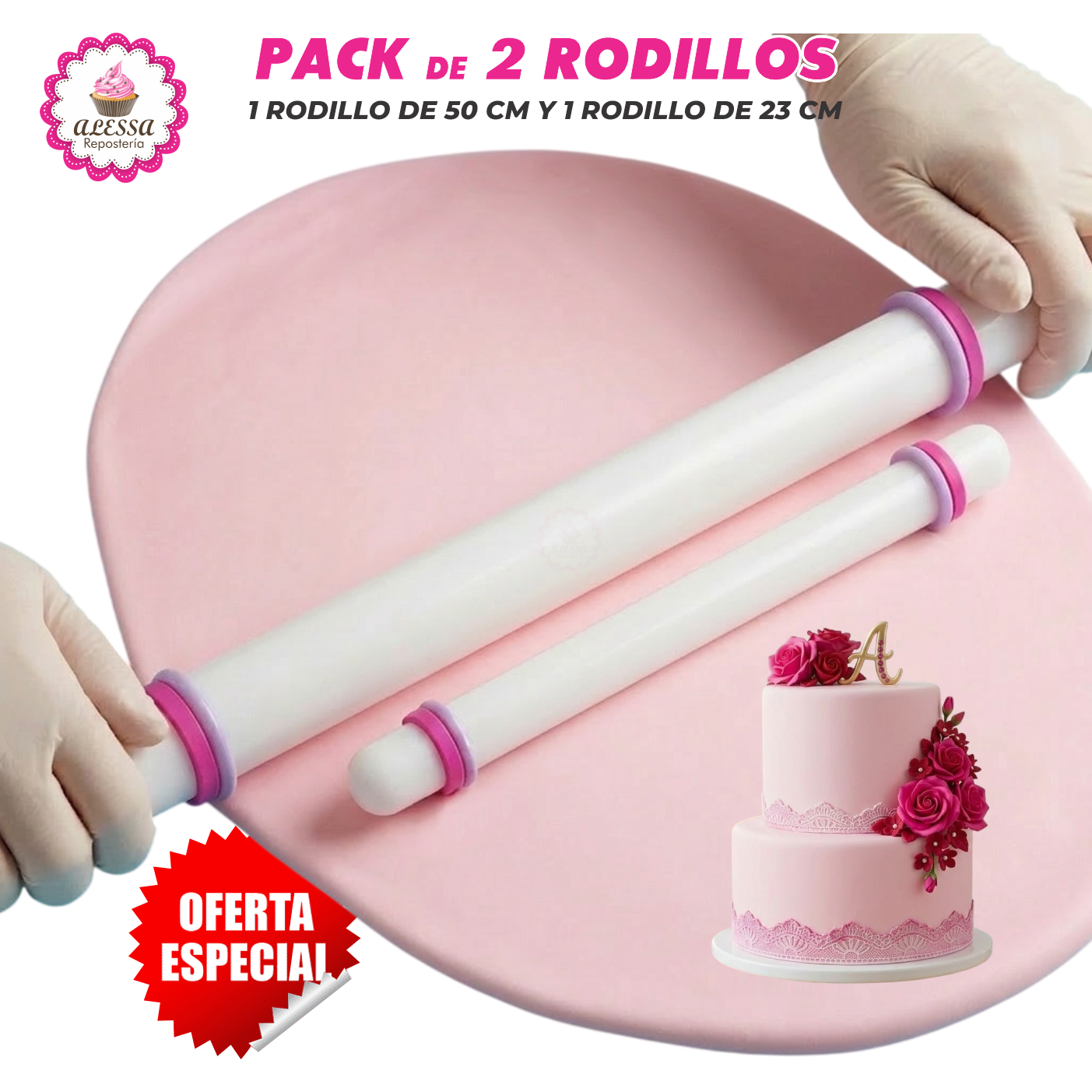 PACK DE 2 RODILLOS DE 50 CM Y 23 CM DE LARGO CON 4 ANILLOS PARA REPOSTERIA - 1