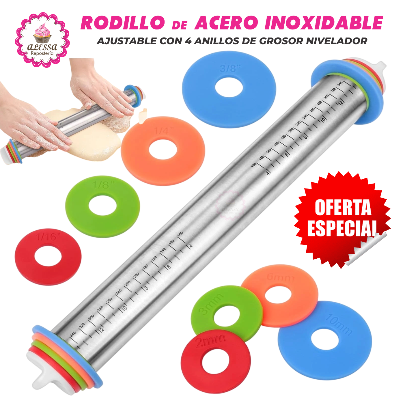RODILLO PREMIUM DE ACERO INOXIDABLE AJUSTABLE CON 4 ANILLOS DE GROSOR - 1