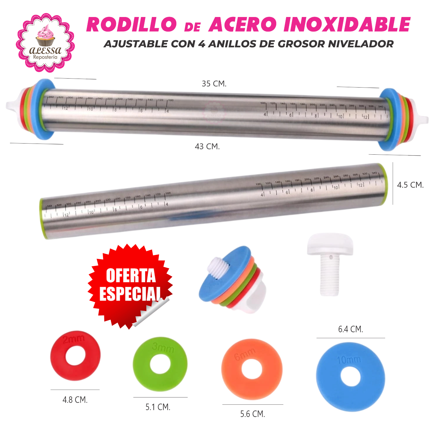 RODILLO PREMIUM DE ACERO INOXIDABLE AJUSTABLE CON 4 ANILLOS DE GROSOR - 2