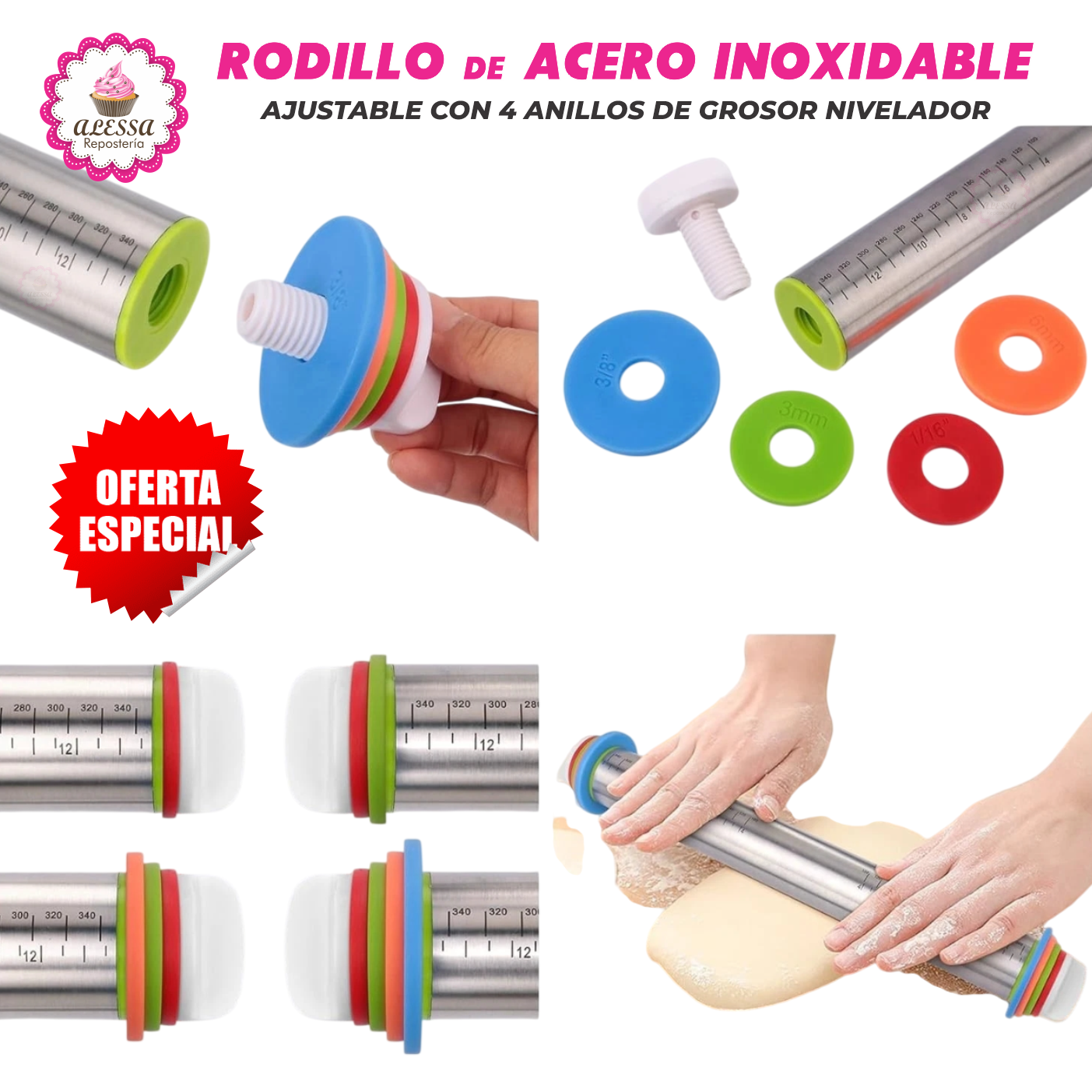 RODILLO PREMIUM DE ACERO INOXIDABLE AJUSTABLE CON 4 ANILLOS DE GROSOR - 3