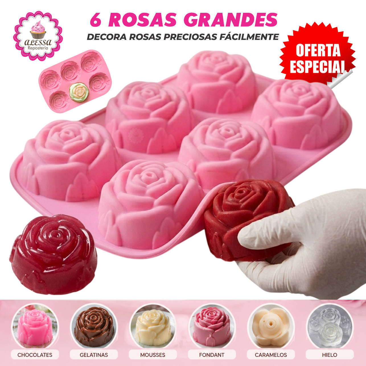 MOLDE DE SILICONA DE 6 ROSAS GRANDES PARA REPOSTERIA - 1