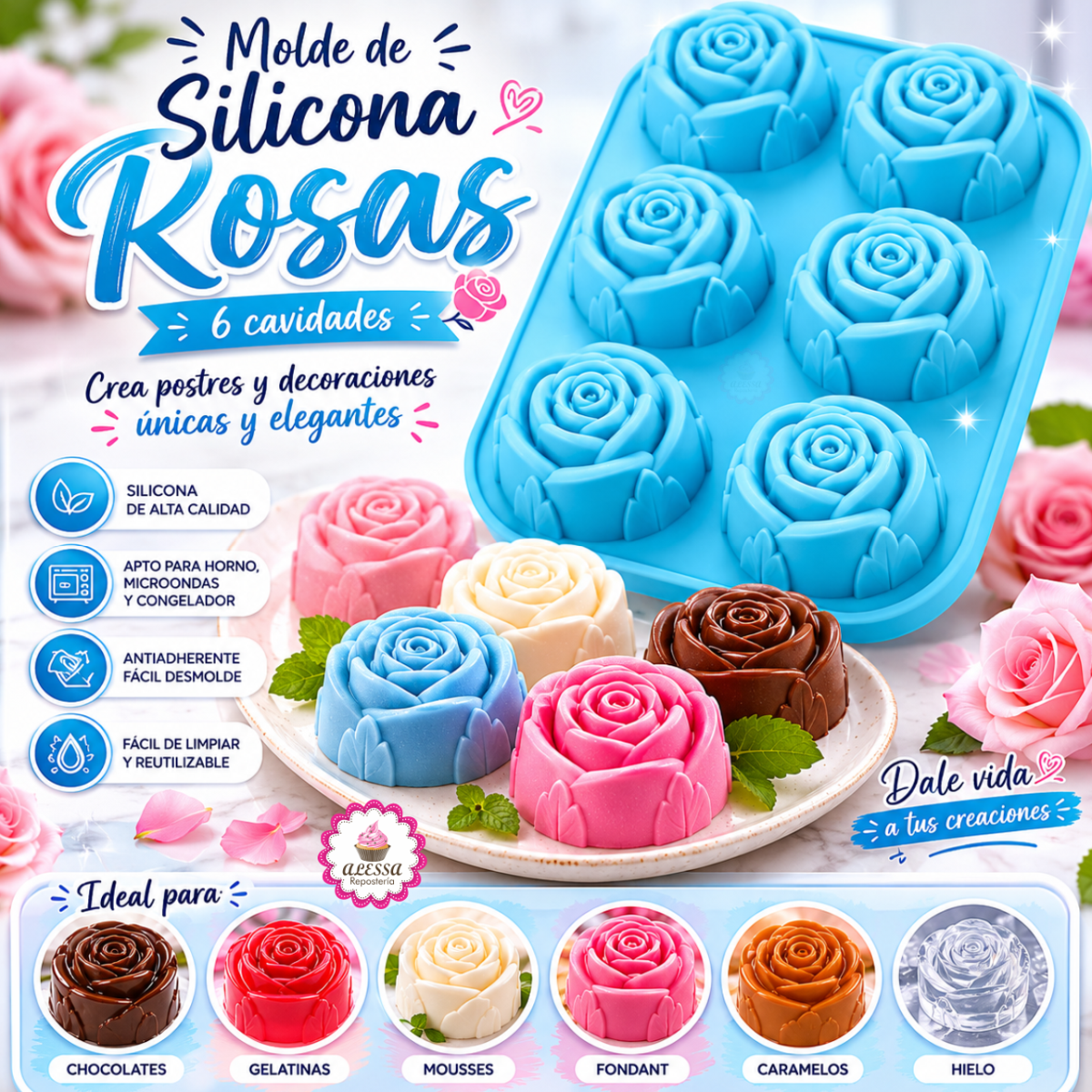 MOLDE DE SILICONA DE 6 ROSAS GRANDES PARA REPOSTERIA - 2