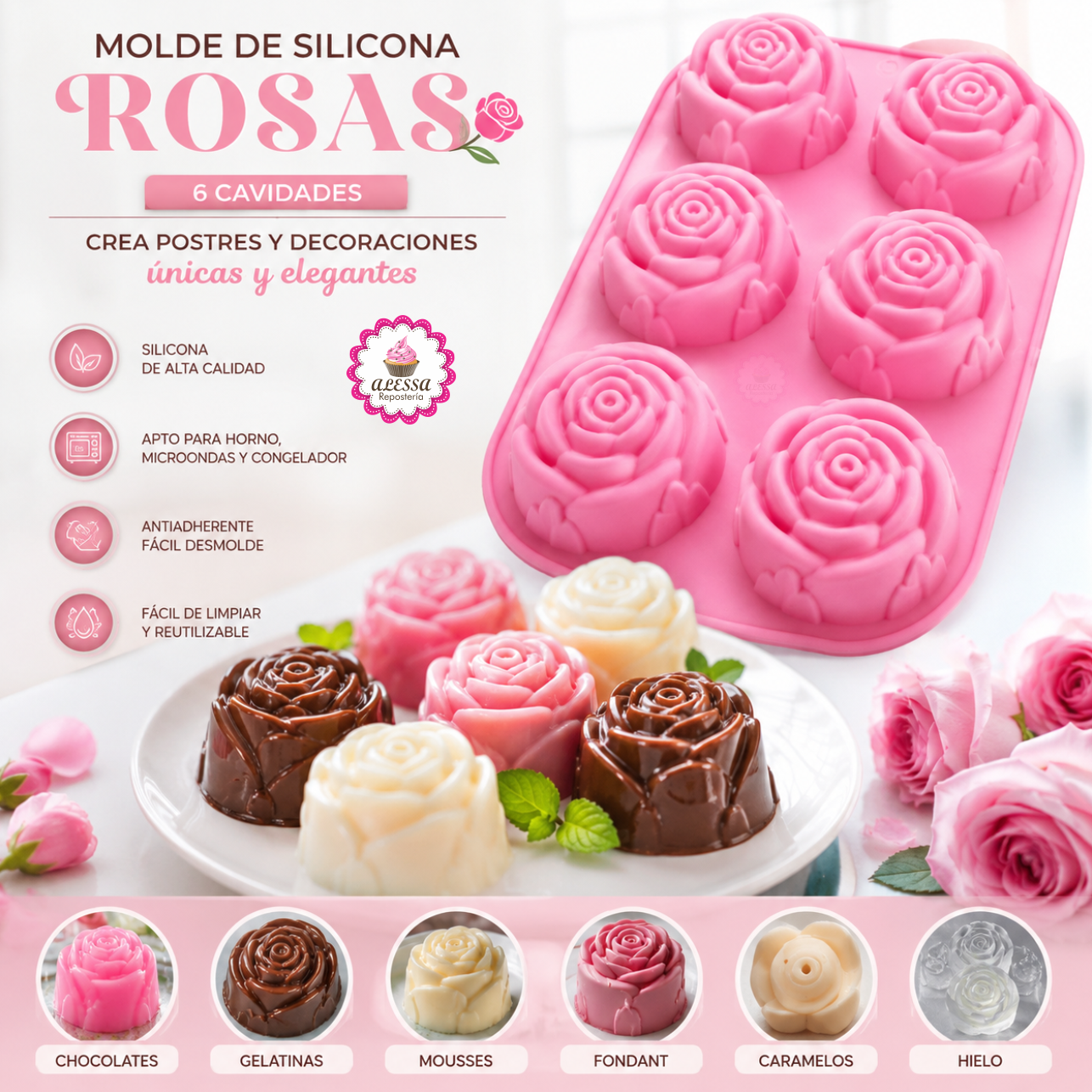 MOLDE DE SILICONA DE 6 ROSAS GRANDES PARA REPOSTERIA - 3