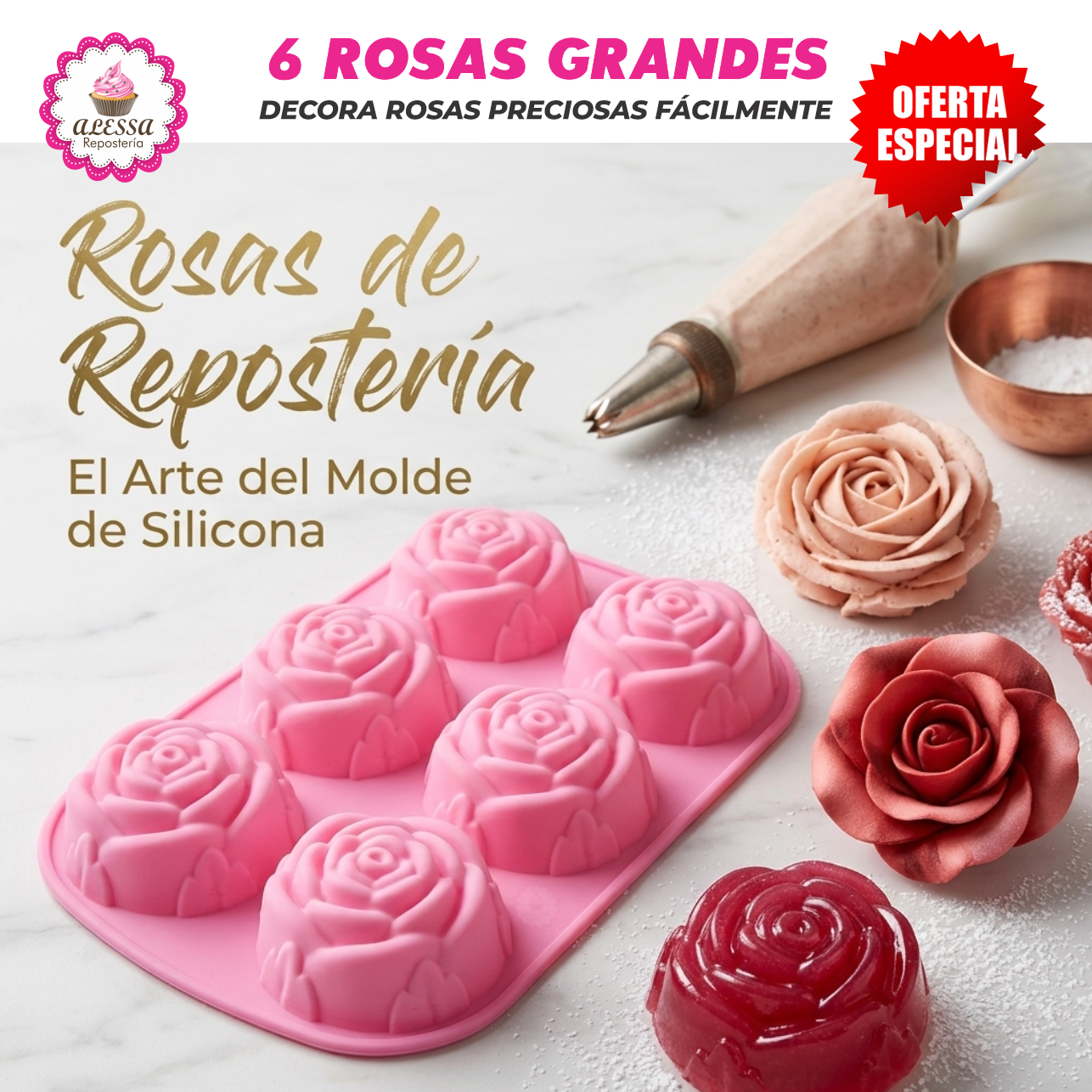 MOLDE DE SILICONA DE 6 ROSAS GRANDES PARA REPOSTERIA - 4